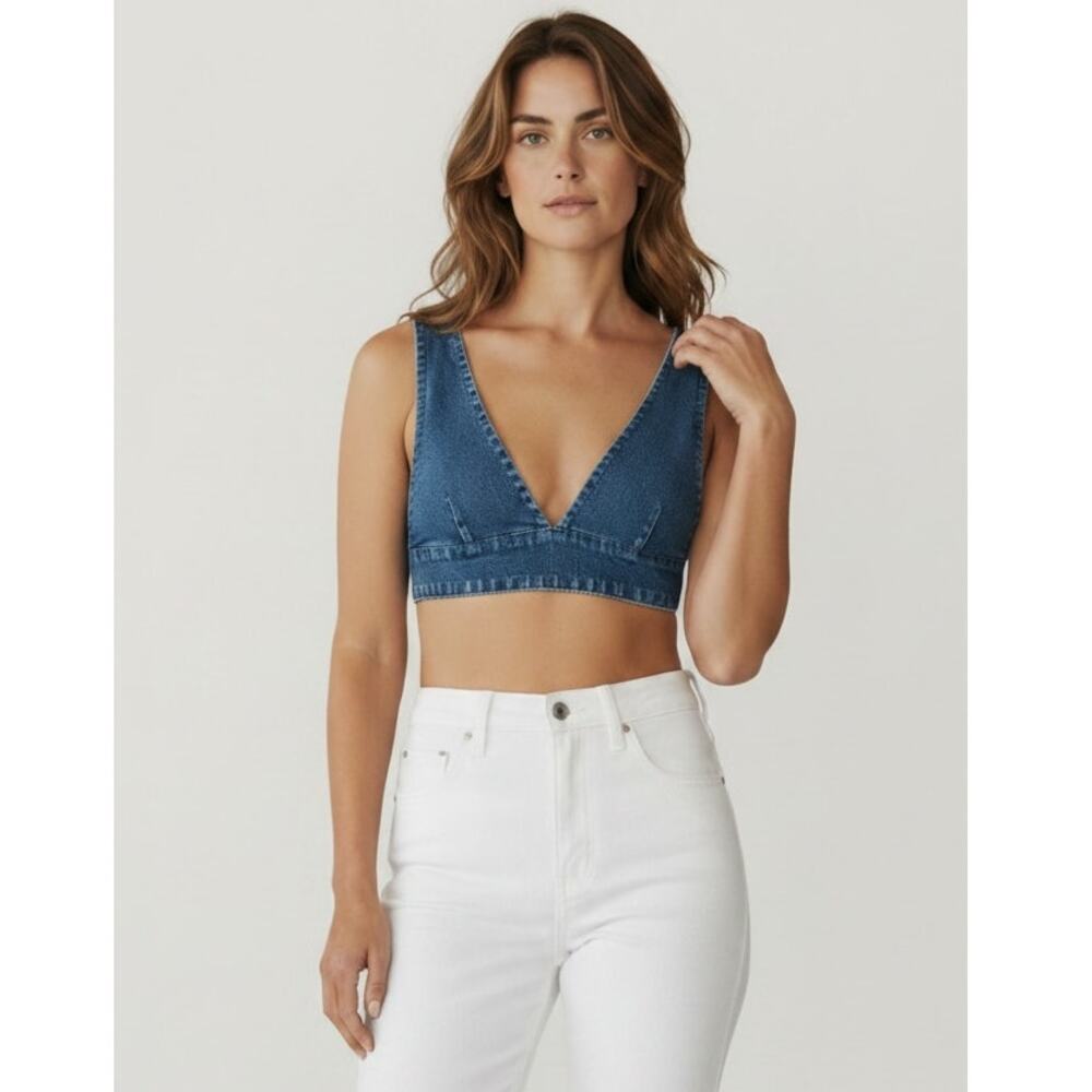 Triarchy Denim Crop Top Dark Wash Zip Back Bralette XS‎